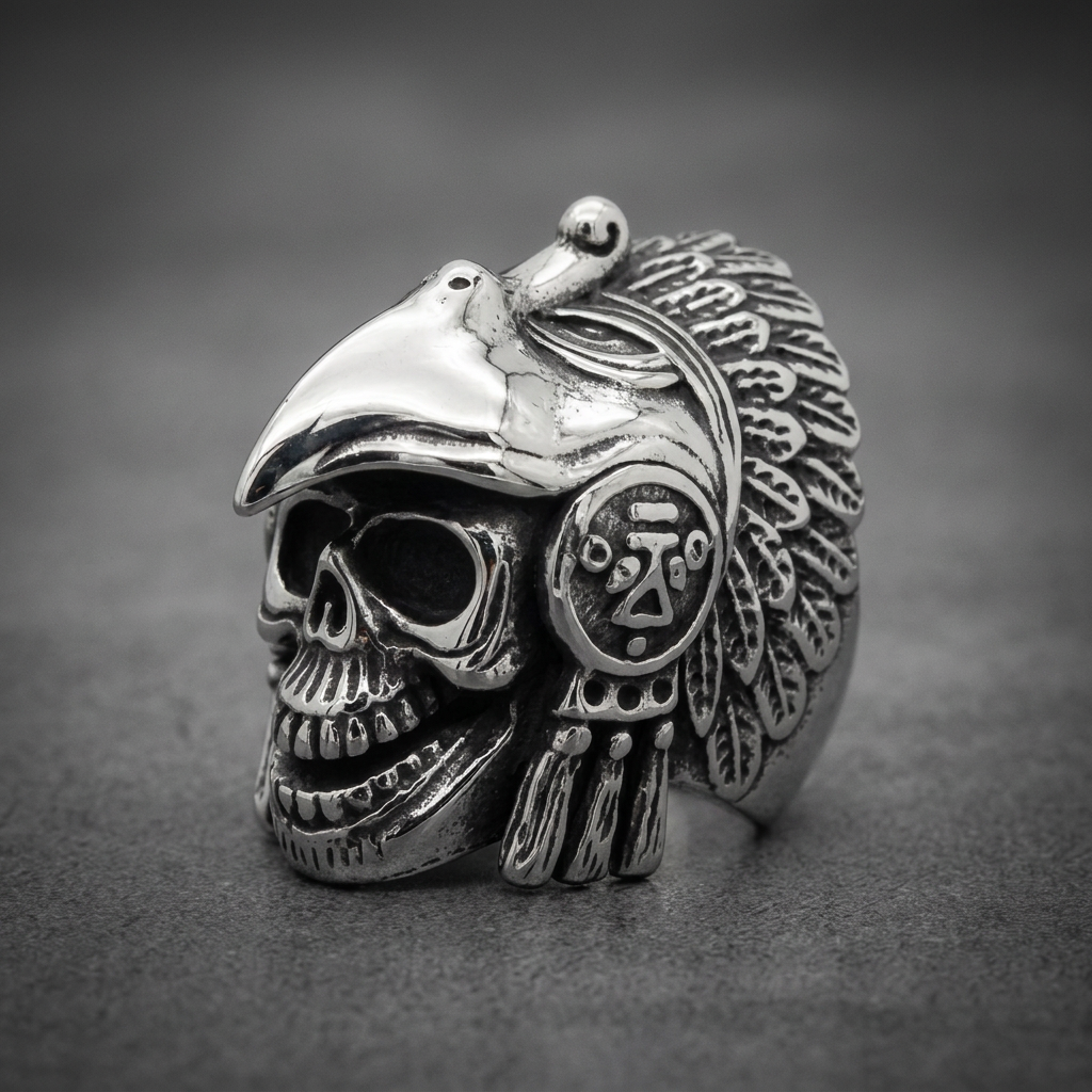 Heavy 316L stainless steel unisex ring featuring a detailed skull wearing an aggressive bird-beak helmet with feathered sides and tribal markings.