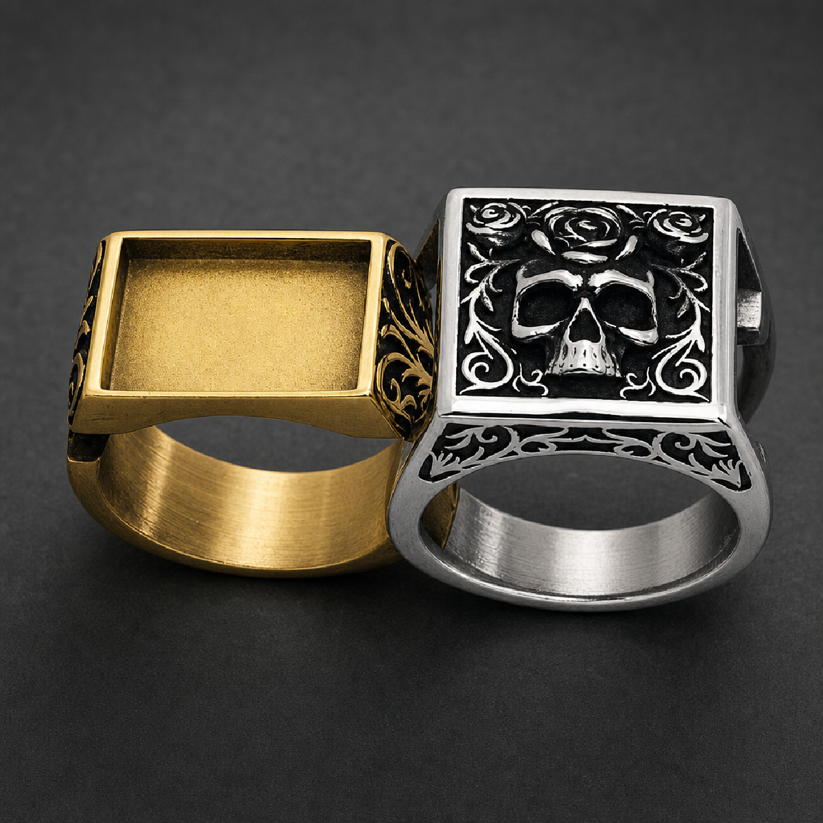 Heavy 316L surgical stainless steel ring featuring a recessed skull design surrounded by ornate rose vines, with dark antiqued detailing on a bright silver finish.