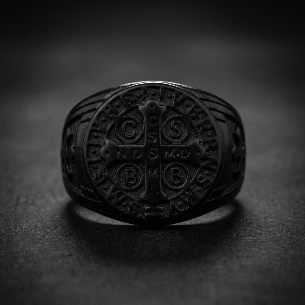 St. Benedict Exorcism Ring In All Black made of 316L stainless steel, featuring an intricately engraved St. Benedict cross on a dark, matte black finish