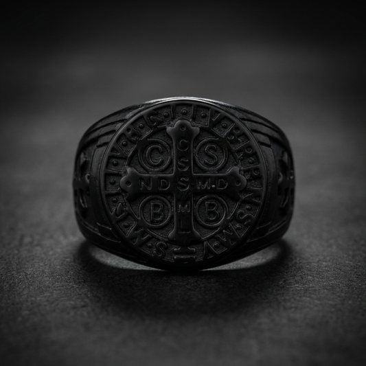 St. Benedict Exorcism Ring In All Black made of 316L stainless steel, featuring an intricately engraved St. Benedict cross on a dark, matte black finish