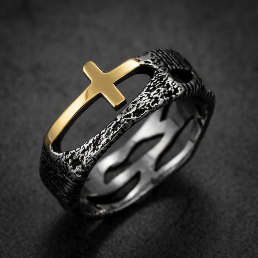 Golden Faith Band ring made from 316L stainless steel with a rich gold tone, reflecting light.