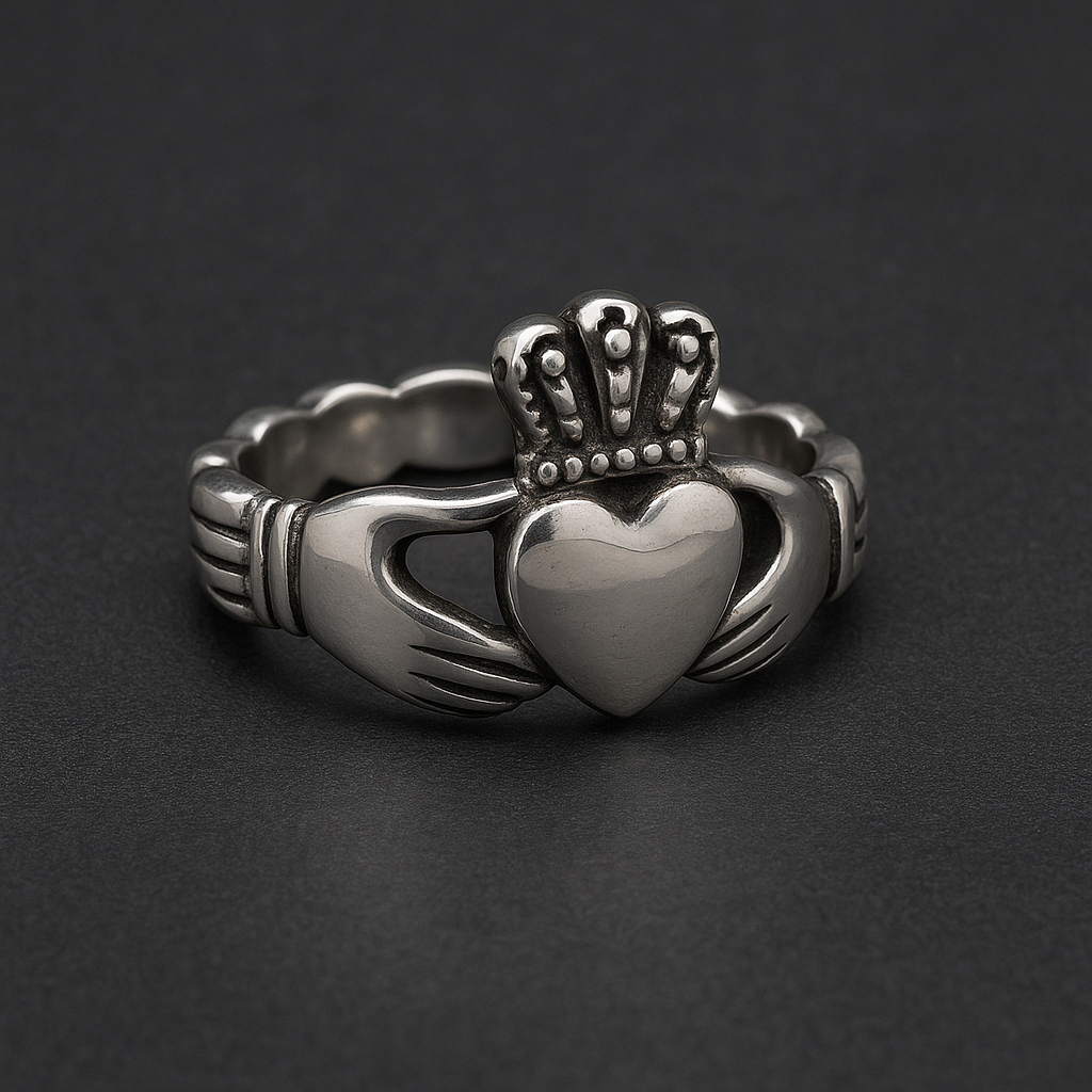 Queen's Claddagh ring in 316L stainless steel showcasing heart, crown, and hands design.