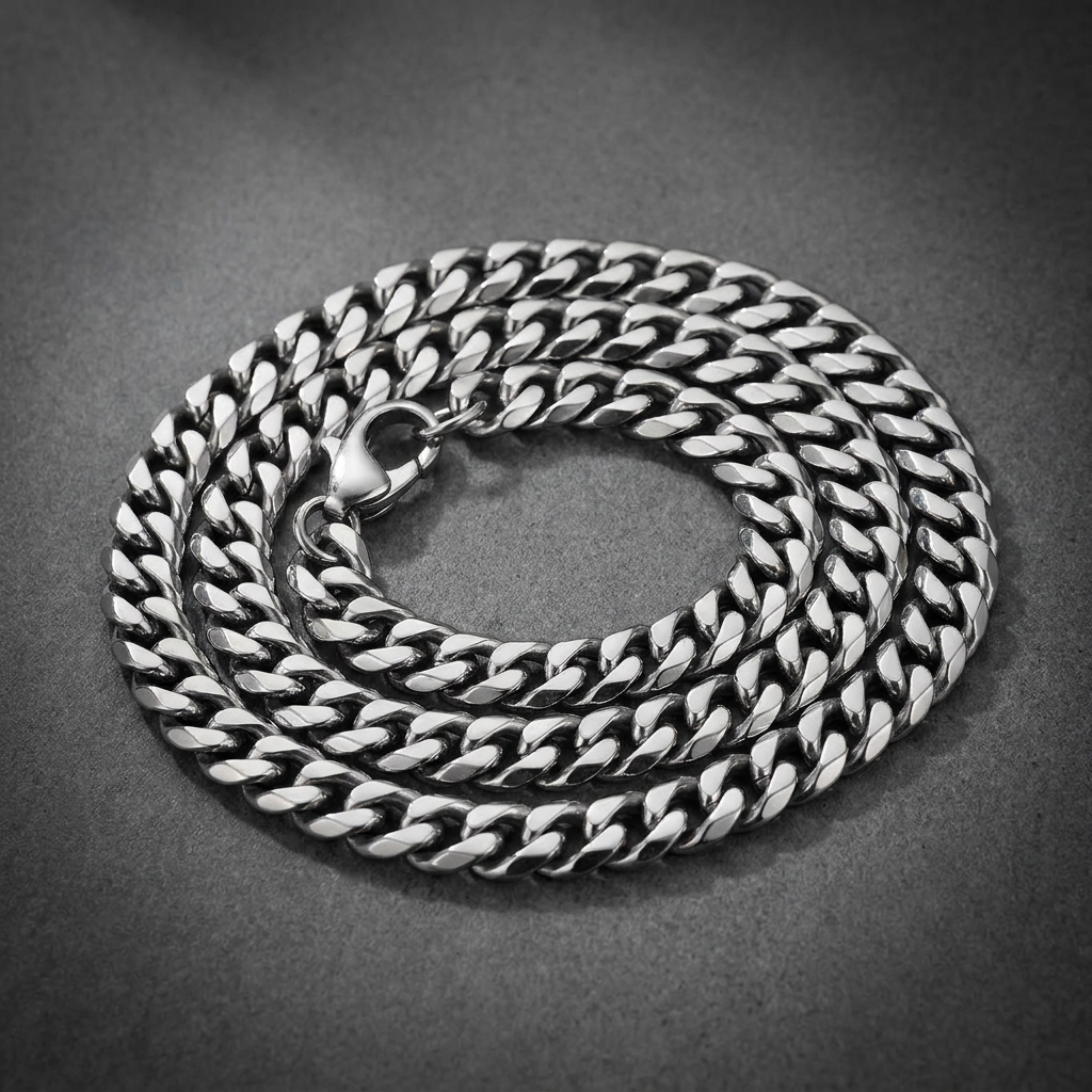 Dusk Curb 20 inch chain, a sturdy stainless steel necklace with classic curb link design, shown against a dark, atmospheric background.