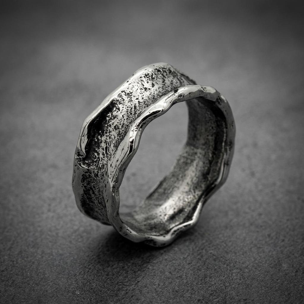 Heavy 316L stainless steel ring with an organic, undulating shape and a rough, textured surface, appearing in a silver-grey finish.