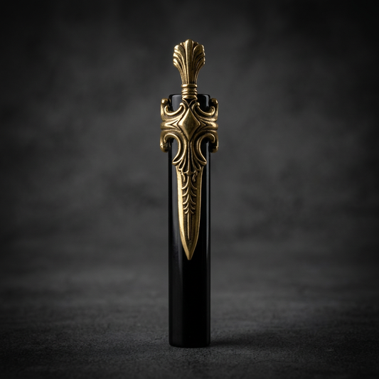 Unisex 316L stainless steel two-tone dagger whistle in gold and black with an ornate flourish design.