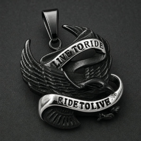 Two-tone black and silver 316L stainless steel eagle pendant with Live To Ride and Ride To Live banner scrolls