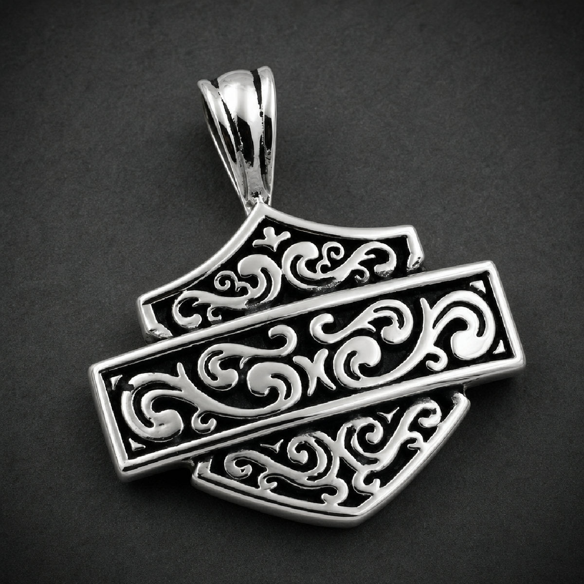 Damnatio Filigree Emblem Pendant in polished and black antiqued 316L surgical stainless steel