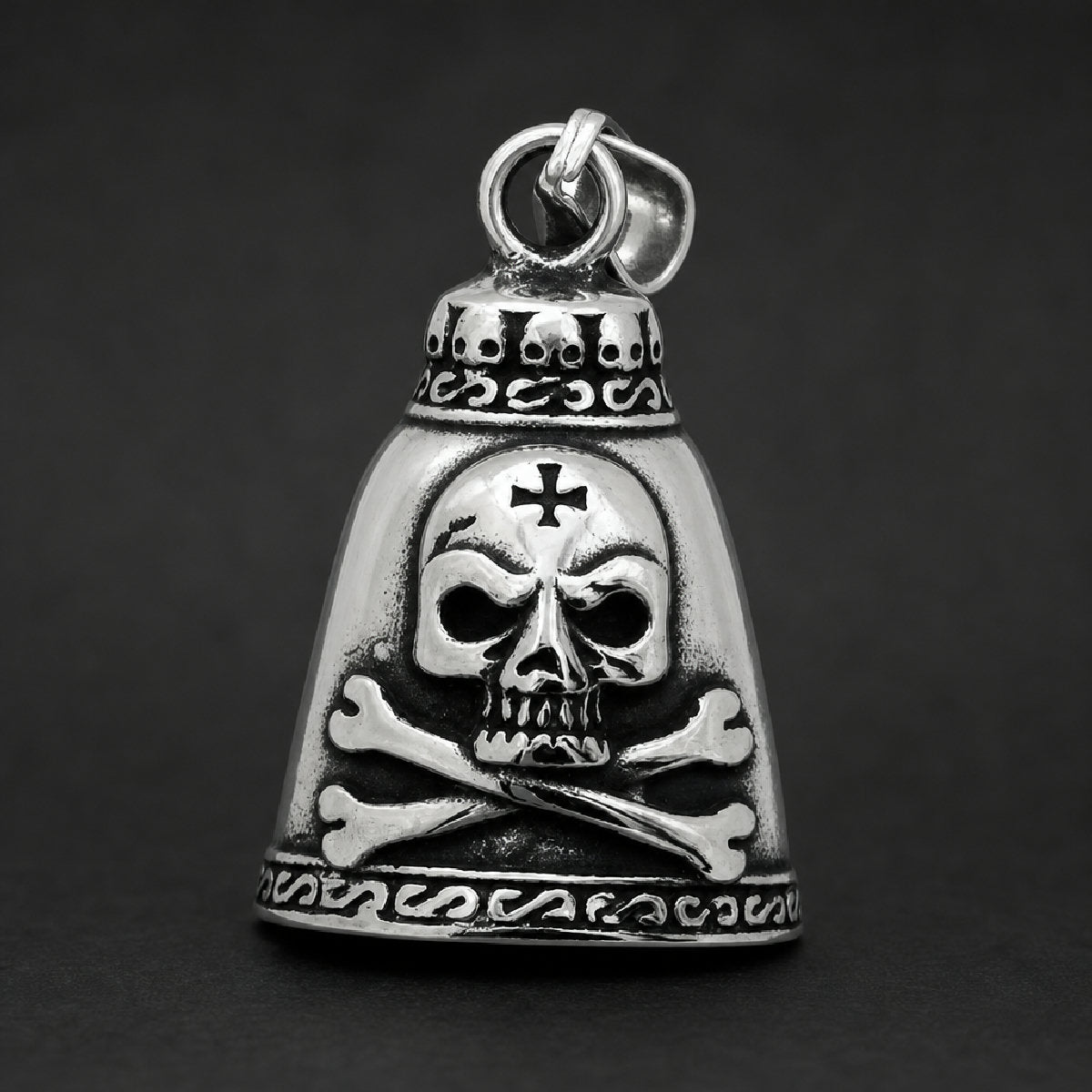 Heavy 316L stainless steel biker bell featuring a skull with cross emblem, crossed bones, and mini skull collar.