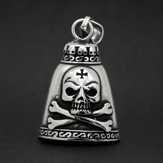 Heavy 316L stainless steel biker bell featuring a skull with cross emblem, crossed bones, and mini skull collar.