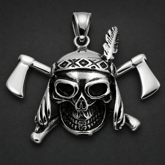 316L stainless steel warrior skull pendant with crossed tomahawks and feather headband