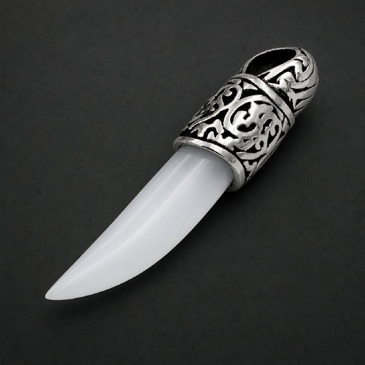 Unisex 316L stainless steel tusk pendant featuring a white horn talon and an ornate carved scrollwork steel cap.