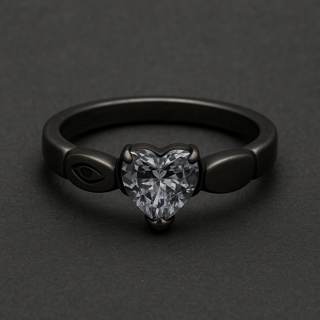 Heart-shaped stainless steel ring with black finish and central clear stone