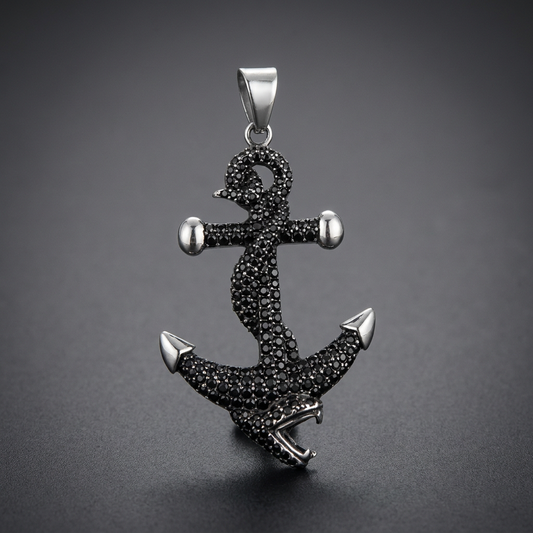Black Pave Anchor Pendant in 316L Stainless Steel with Polished Tips and Bail
