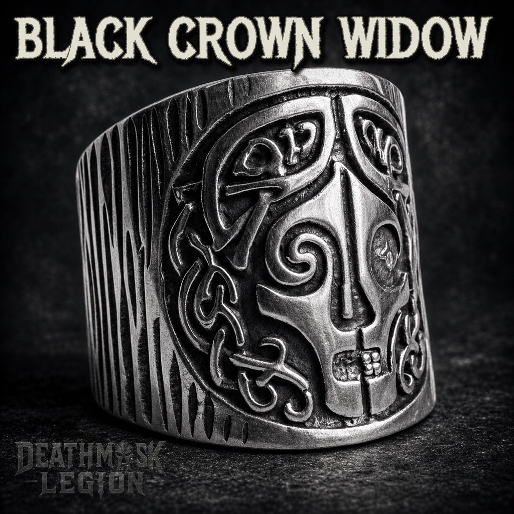 The Black Crown Widow mens gothic ring, Celtic knotwork band and carved face, 316L stainless steel biker jewelry, Deathmask Legion mask 8 of 8