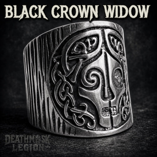 The Black Crown Widow mens gothic ring, Celtic knotwork band and carved face, 316L stainless steel biker jewelry, Deathmask Legion mask 8 of 8