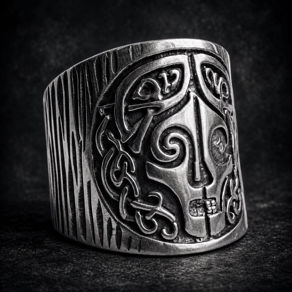 The Black Crown Widow ring with Celtic knotwork band and carved face, 316L stainless steel, Deathmask Legion mask 8 of 8