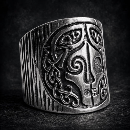 The Black Crown Widow ring with Celtic knotwork band and carved face, 316L stainless steel, Deathmask Legion mask 8 of 8
