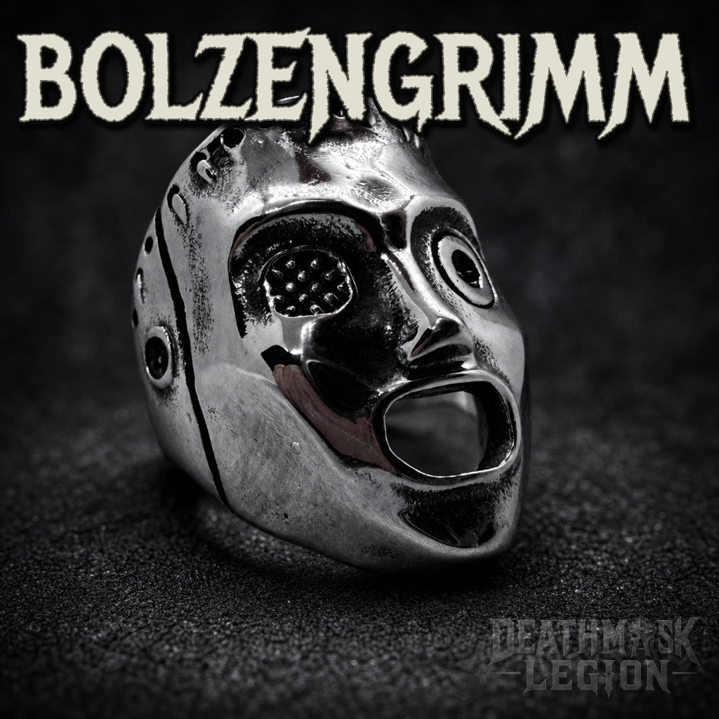 Bolzengrimm mens gothic skull ring, bolted iron fastenings, 316L stainless steel biker jewelry, Deathmask Legion Remnant II of II