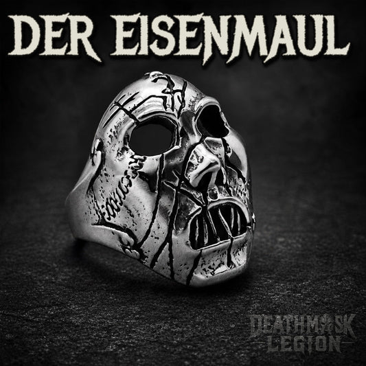 Der Eisenmaul mens gothic skull ring, iron-stitched jaw, 316L stainless steel biker jewelry, Deathmask Legion Outcast II of IV