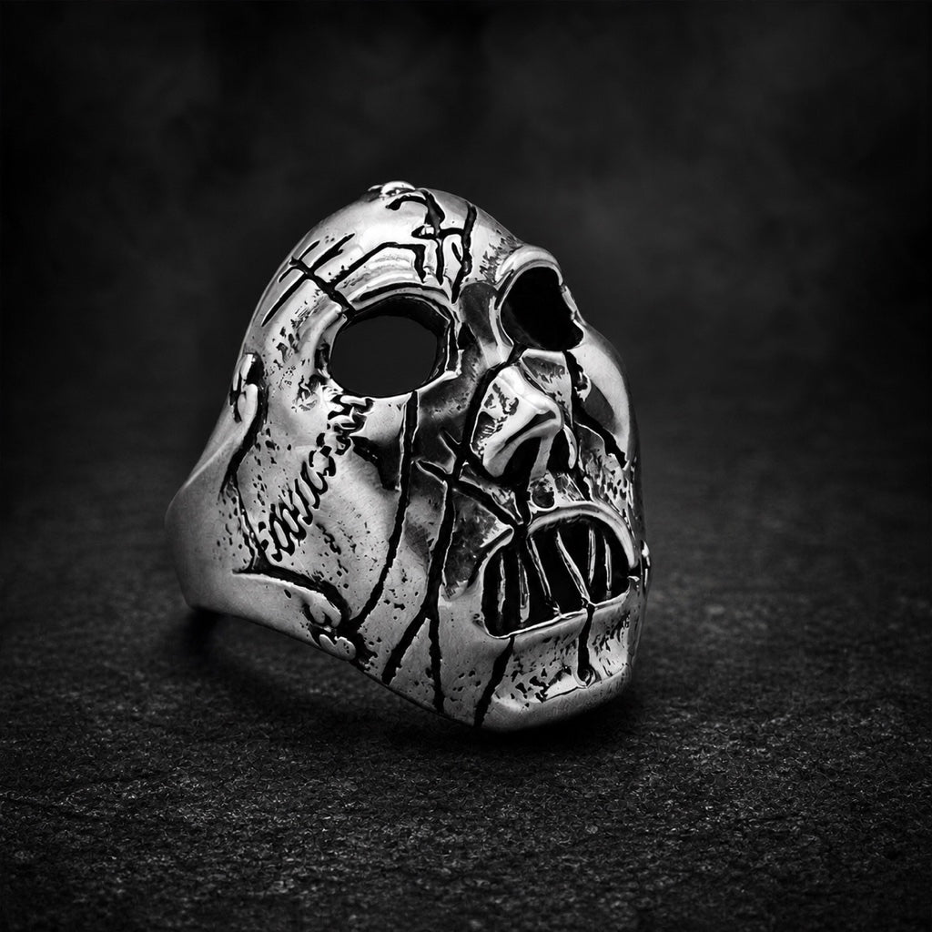 Der Eisenmaul skull ring with iron-stitched jaw, 316L stainless steel, Deathmask Legion Outcast II of IV