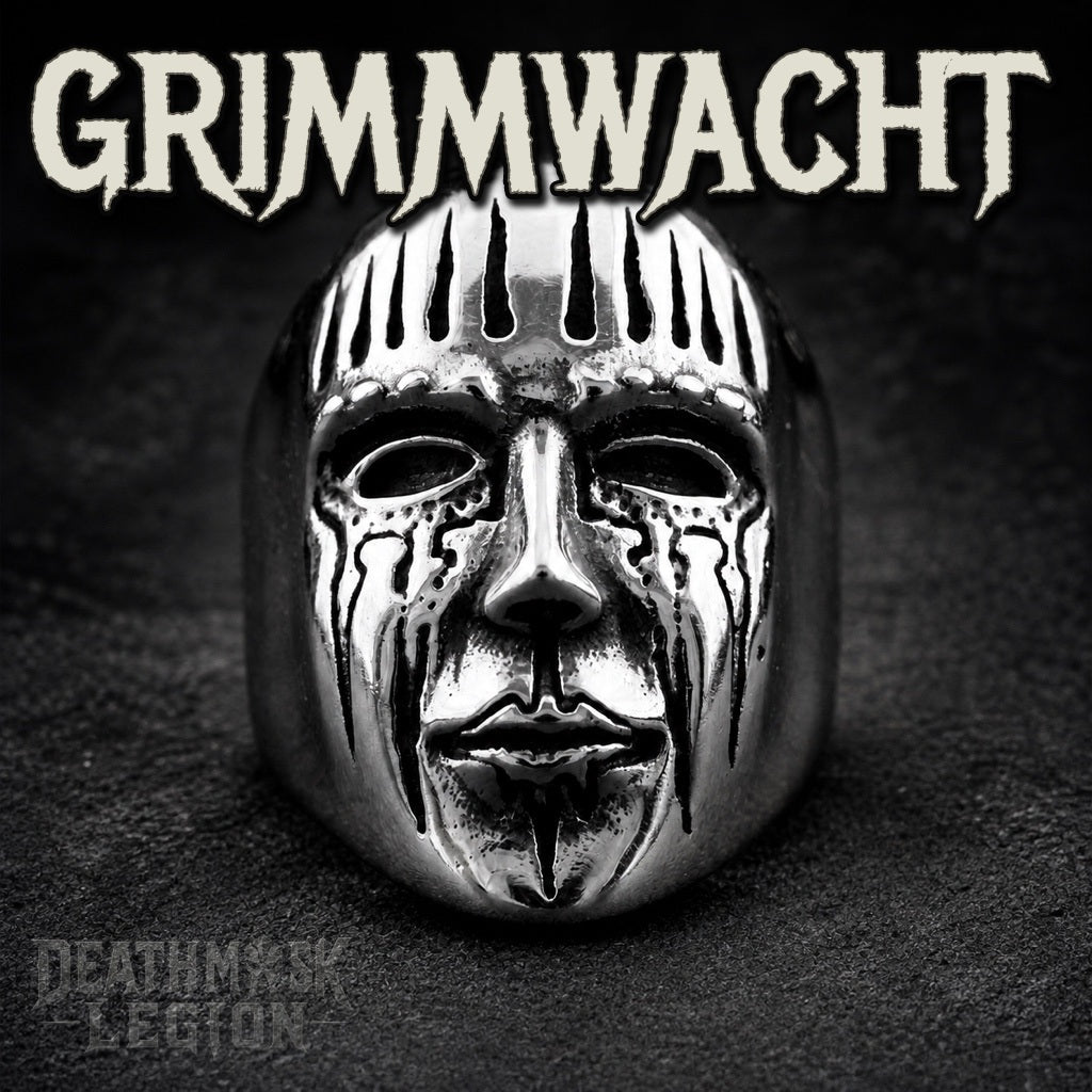 Grimmwacht mens gothic skull ring, spiked crown and streaked face, 316L stainless steel biker jewelry, Deathmask Legion Remnant I of II
