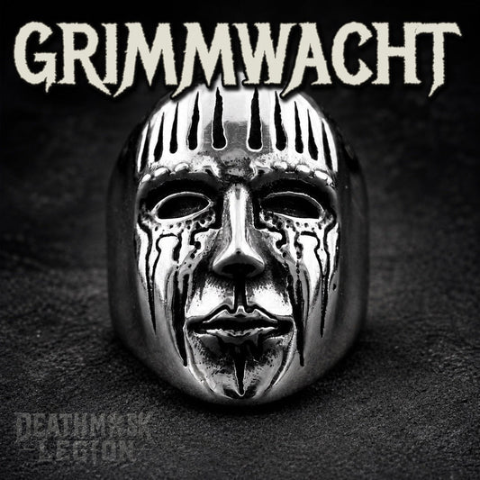 Grimmwacht mens gothic skull ring, spiked crown and streaked face, 316L stainless steel biker jewelry, Deathmask Legion Remnant I of II
