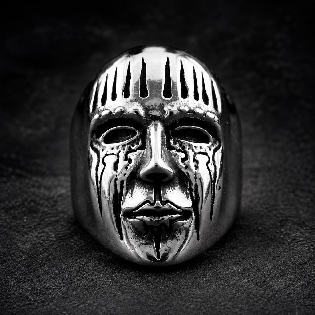 Grimmwacht skull ring with spiked crown and streaked face, 316L stainless steel, Deathmask Legion Remnant I of II