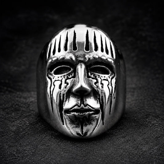 Grimmwacht skull ring with spiked crown and streaked face, 316L stainless steel, Deathmask Legion Remnant I of II