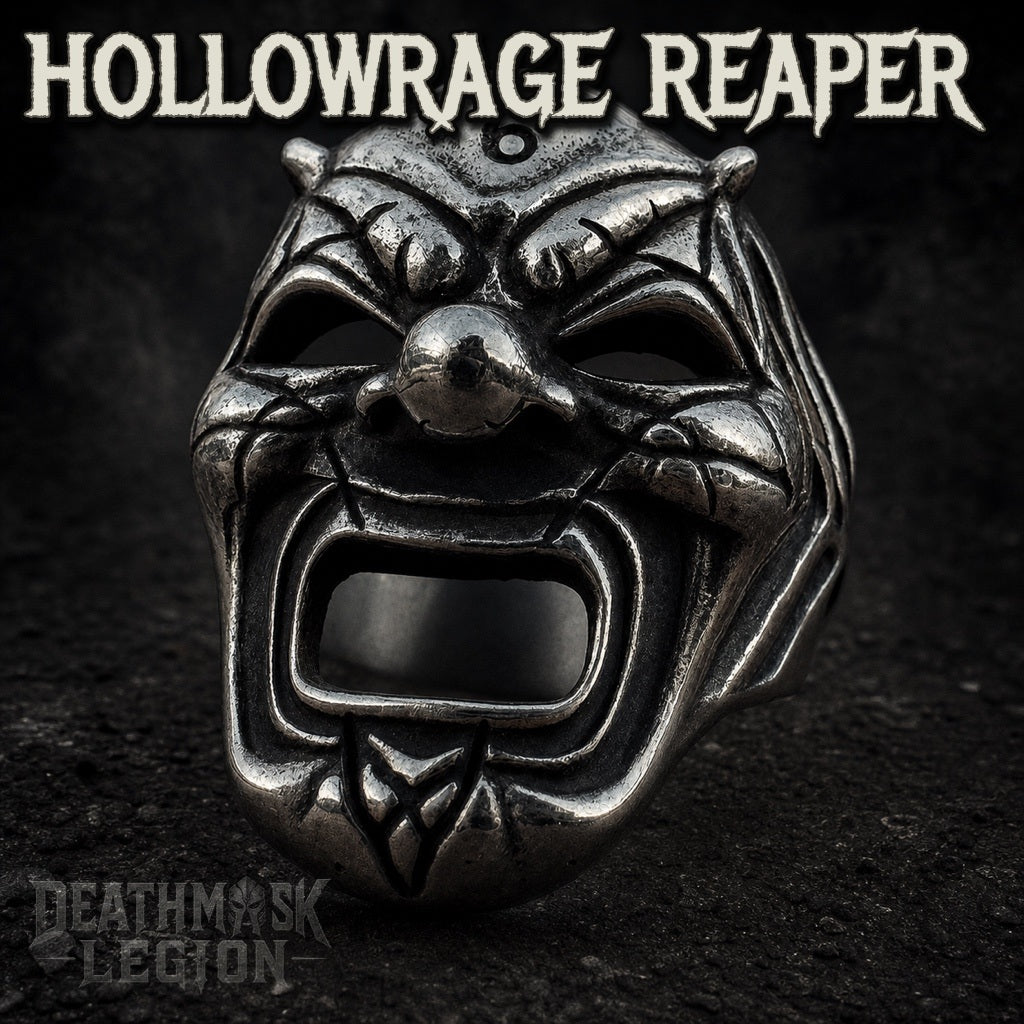 The Hollowrage Reaper mens gothic skull ring, hollow open mouth and number 6 crest, 316L stainless steel biker jewelry, Deathmask Legion mask 6 of 8