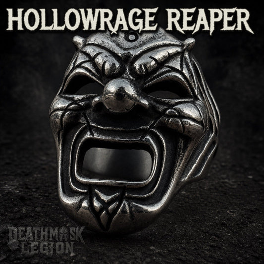 The Hollowrage Reaper mens gothic skull ring, hollow open mouth and number 6 crest, 316L stainless steel biker jewelry, Deathmask Legion mask 6 of 8