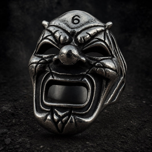 The Hollowrage Reaper skull ring with hollow open mouth and number 6 crest, 316L stainless steel, Deathmask Legion mask 6 of 8