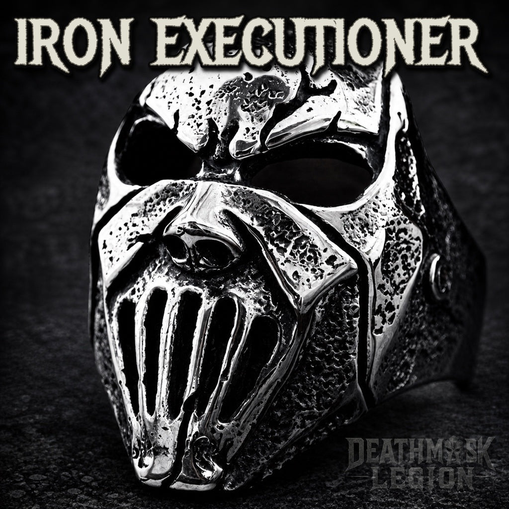 The Iron Executioner mens gothic skull ring, fanged grille faceplate, 316L stainless steel biker jewelry, Deathmask Legion mask 4 of 8