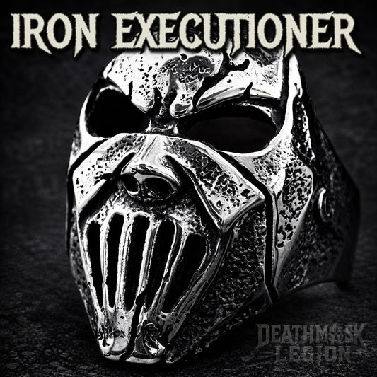 The Iron Executioner mens gothic skull ring, fanged grille faceplate, 316L stainless steel biker jewelry, Deathmask Legion mask 4 of 8