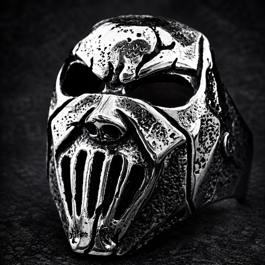 The Iron Executioner skull ring with fanged grille faceplate, 316L stainless steel, Deathmask Legion mask 4 of 8