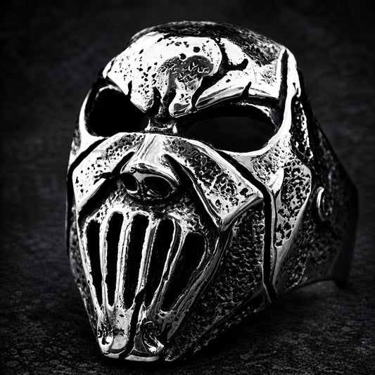 The Iron Executioner skull ring with fanged grille faceplate, 316L stainless steel, Deathmask Legion mask 4 of 8