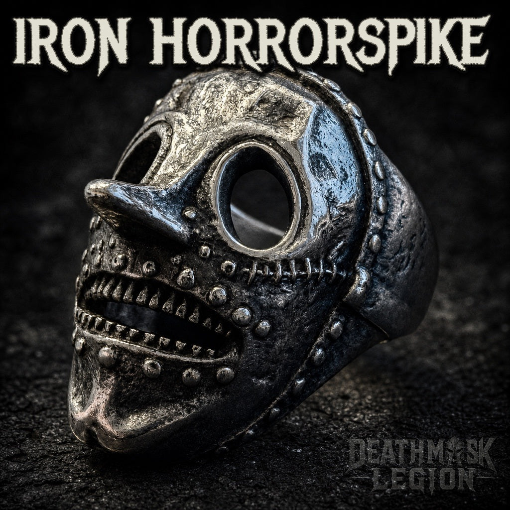 The Iron Horrorspike mens gothic skull ring, studded rivets and bared teeth, 316L stainless steel biker jewelry, Deathmask Legion mask 3 of 8