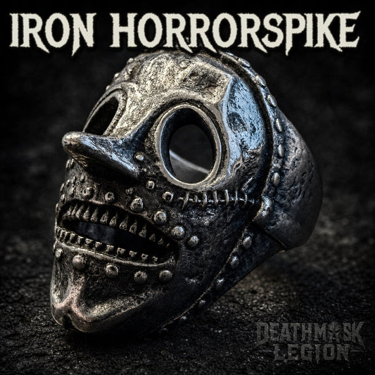 The Iron Horrorspike mens gothic skull ring, studded rivets and bared teeth, 316L stainless steel biker jewelry, Deathmask Legion mask 3 of 8