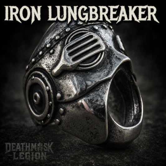 The Iron Lungbreaker mens gothic skull ring, ribbed respirator mask, 316L stainless steel biker jewelry, Deathmask Legion mask 2 of 8