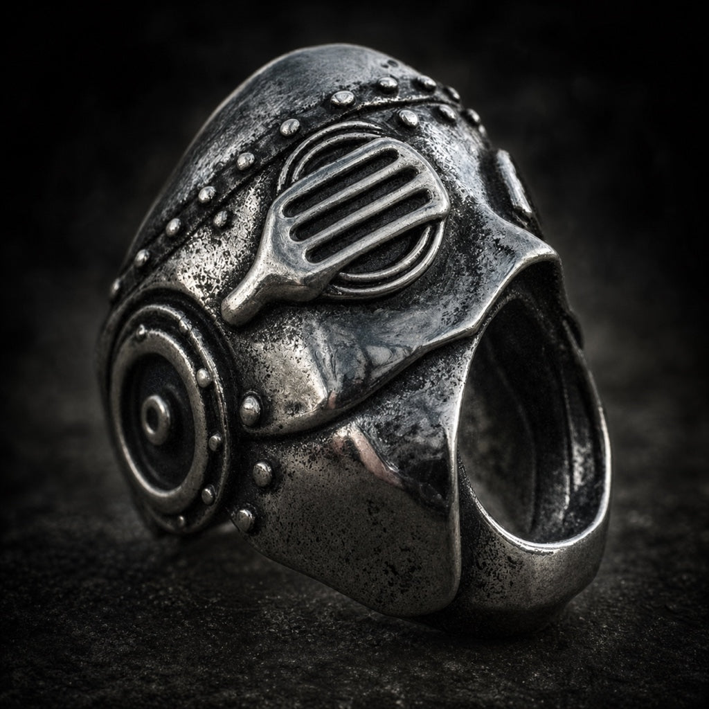 The Iron Lungbreaker skull ring with ribbed respirator mask, 316L stainless steel, Deathmask Legion mask 2 of 8