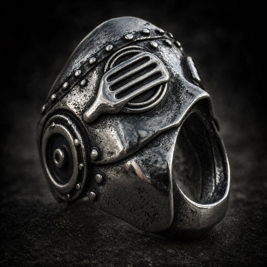 The Iron Lungbreaker skull ring with ribbed respirator mask, 316L stainless steel, Deathmask Legion mask 2 of 8