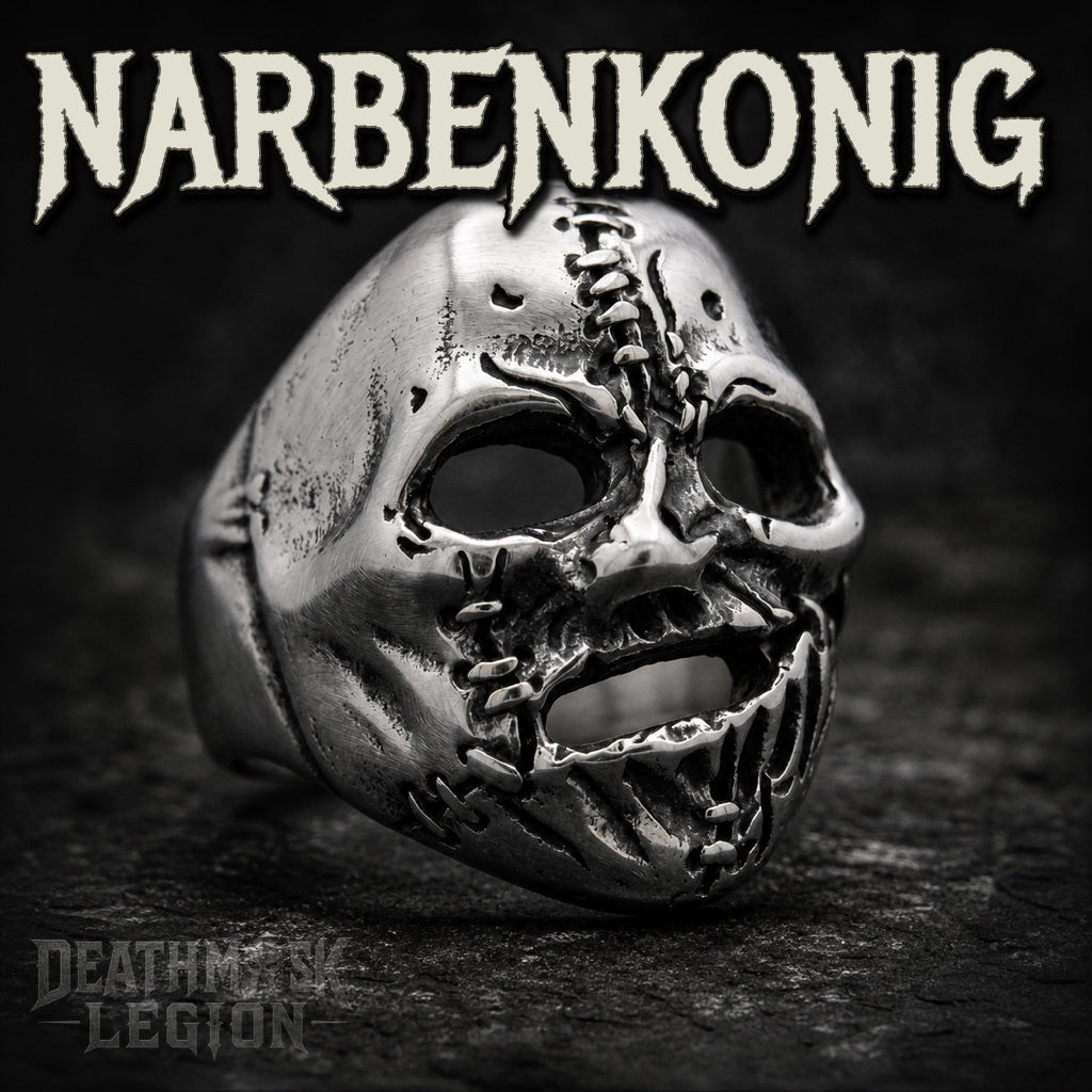 Narbenkonig the Scar King mens gothic skull ring, stitched split jaw, 316L stainless steel biker jewelry, Deathmask Legion Final of XV