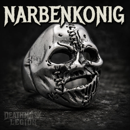 Narbenkonig the Scar King mens gothic skull ring, stitched split jaw, 316L stainless steel biker jewelry, Deathmask Legion Final of XV