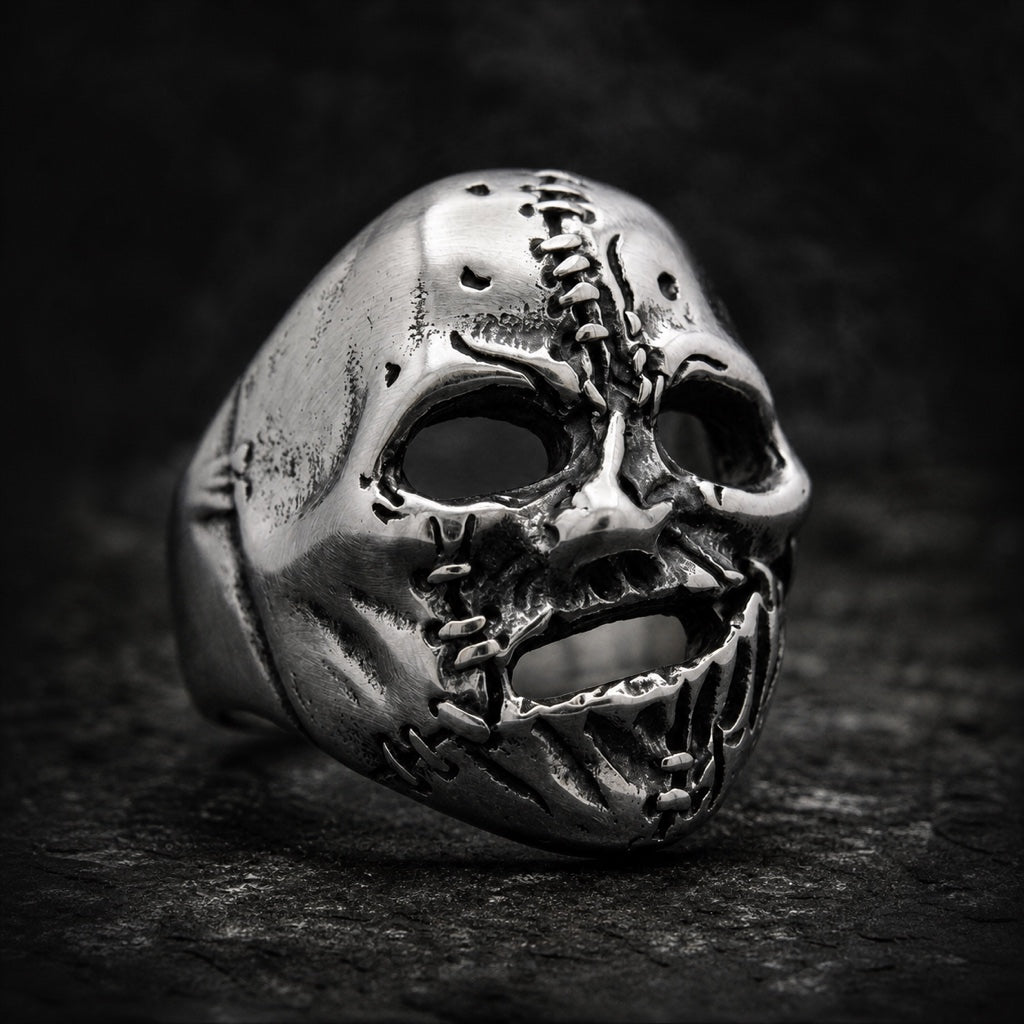 Narbenkonig the Scar King skull ring with stitched split jaw, 316L stainless steel, Deathmask Legion Final of XV