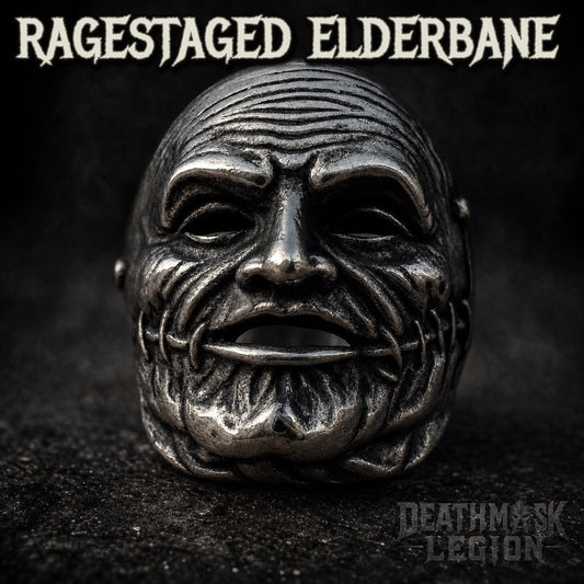 The Ragestaged Elderbane mens gothic skull ring, weathered elder face, 316L stainless steel biker jewelry, Deathmask Legion mask 7 of 8