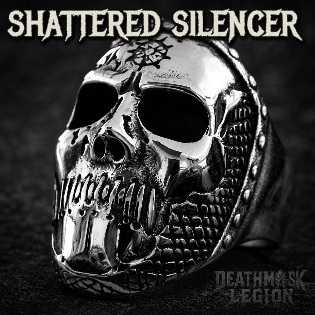 The Shattered Silencer mens gothic skull ring, cracked jaw and riveted mesh mouth, 316L stainless steel biker jewelry, Deathmask Legion mask 1 of 8