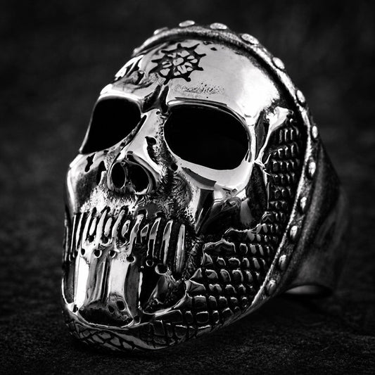 The Shattered Silencer skull ring with cracked jaw and riveted mesh mouth, 316L stainless steel, Deathmask Legion mask 1 of 8