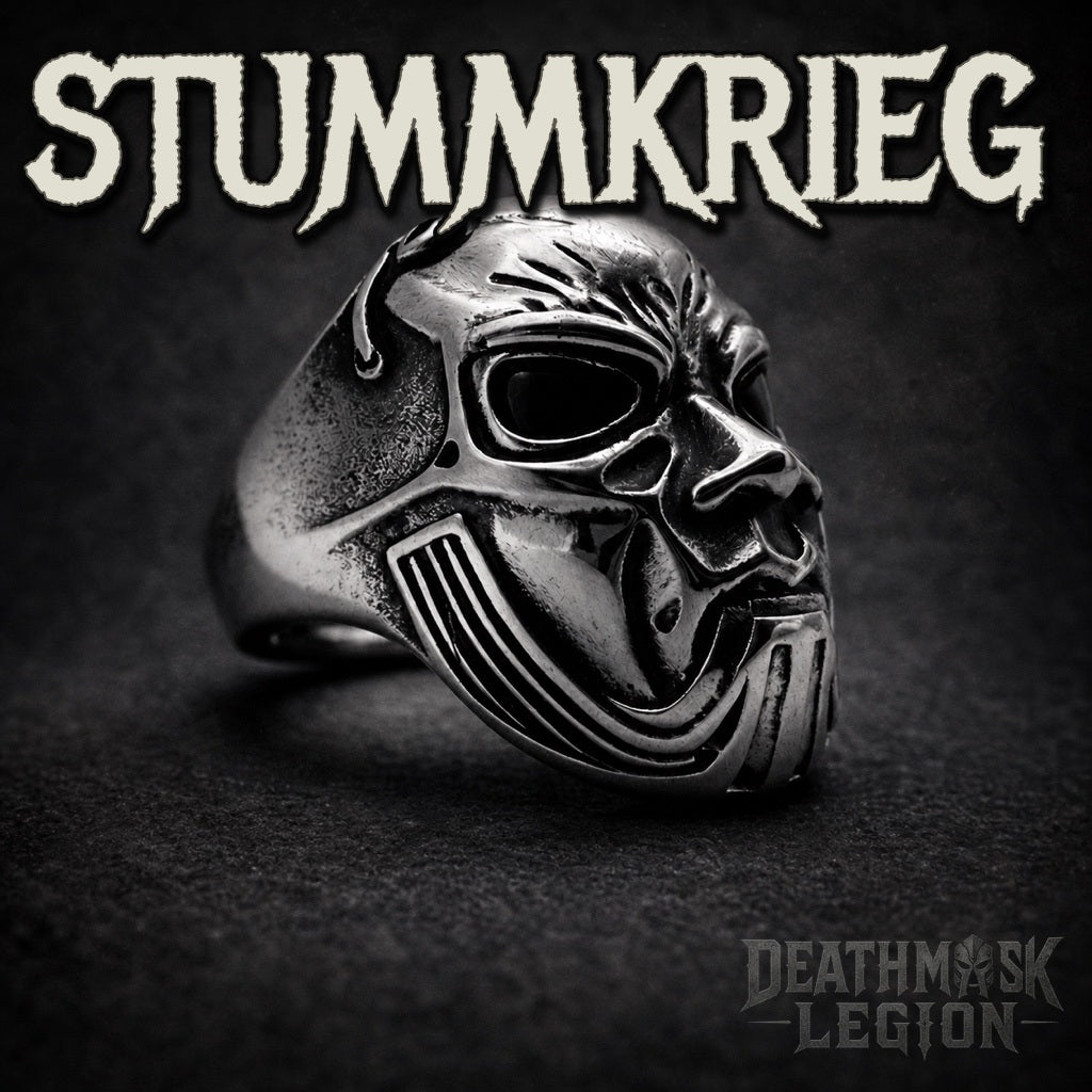 Stummkrieg mens gothic skull ring, silenced streaked mask, 316L stainless steel biker jewelry, Deathmask Legion Outcast IV of IV