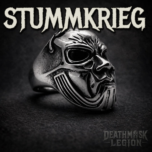 Stummkrieg mens gothic skull ring, silenced streaked mask, 316L stainless steel biker jewelry, Deathmask Legion Outcast IV of IV