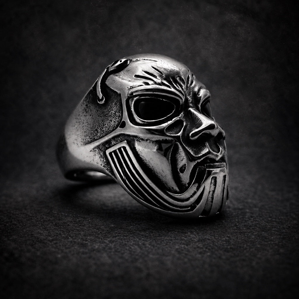 Stummkrieg skull ring with silenced streaked mask, 316L stainless steel, Deathmask Legion Outcast IV of IV
