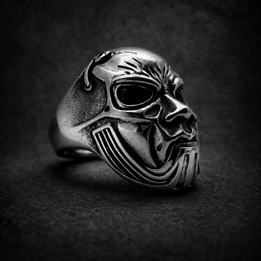 Stummkrieg skull ring with silenced streaked mask, 316L stainless steel, Deathmask Legion Outcast IV of IV